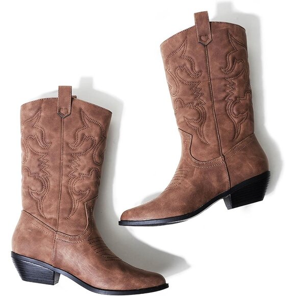 Women Polyurethane Taupe Mid Calf Low Heel Pointed Toe Cowgirl Western Boot - Picture 3 of 5